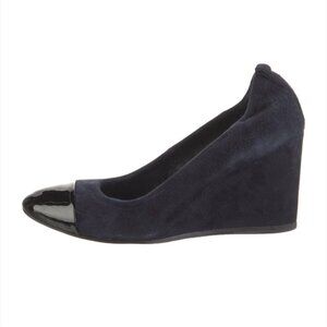 LANVIN |  Navy suede wedge pumps with Black patent leather cap toes Sz 38
